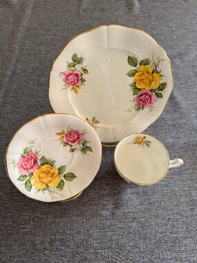 ADDERLEY 1789 cup-saucer-dessert plate, fine bone china, pink & yellow rose